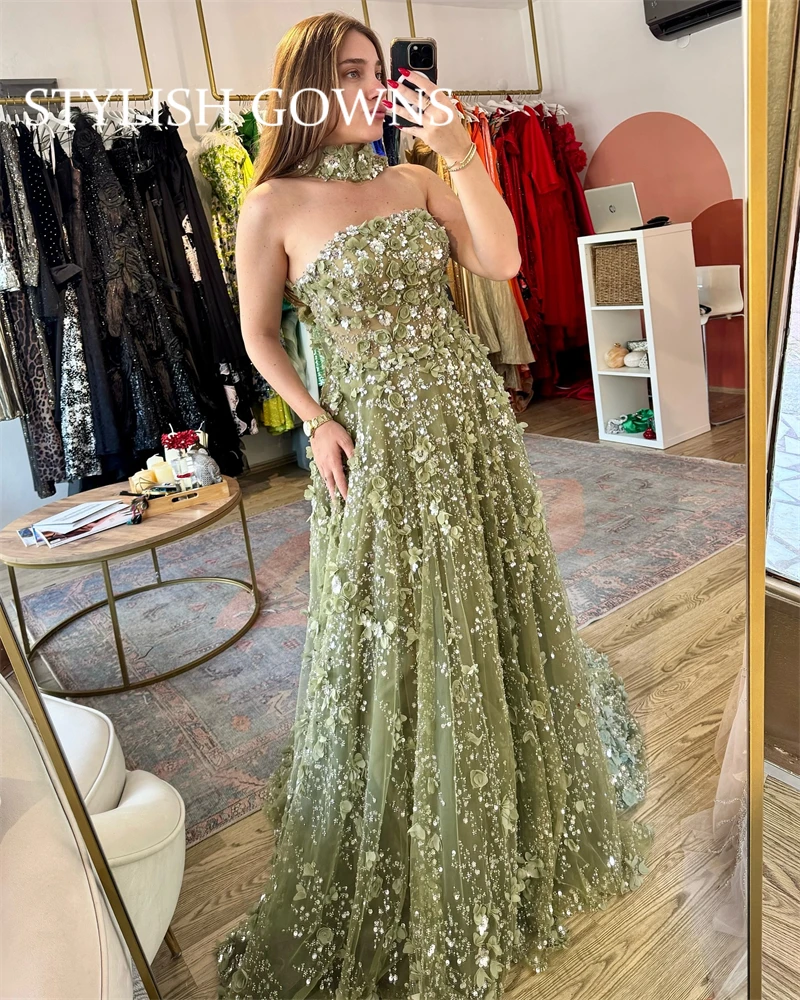 

Зеленые платья для выпускного вечера трапециевидной формы с блестками и аппликациями по индивидуальному заказу, плиссированные платья без рукавов для ноутбука, длиной до пола, симпто피]]