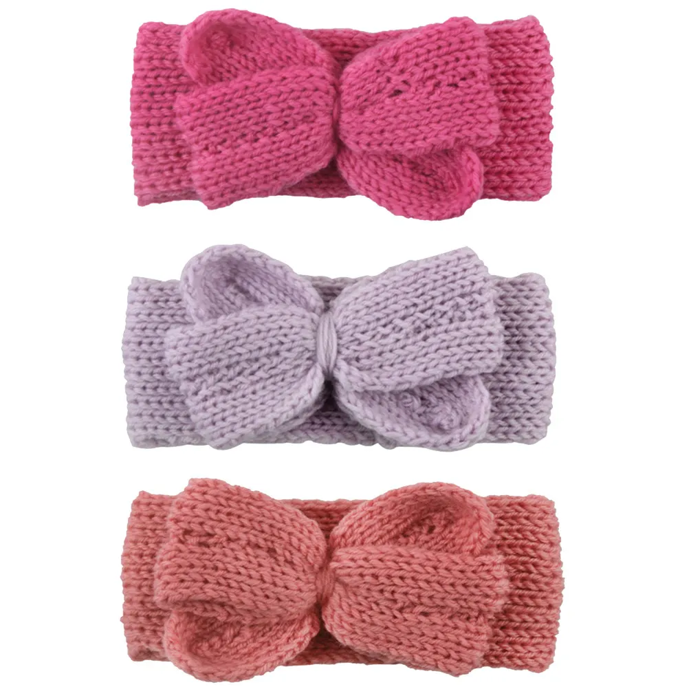 

3Pcs Kids Adjustable Bowknot Headband Soft Knitted Stretch Hair Band Elastic Headwrap for Autumn Winter Pink Colors