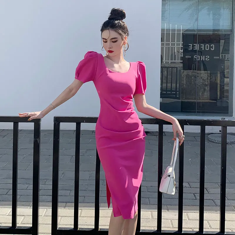 Elegant Women Green Bodycon Dress O Neck Puff Sleeve Dress Female Robe Summer Waist Midi Vestidos