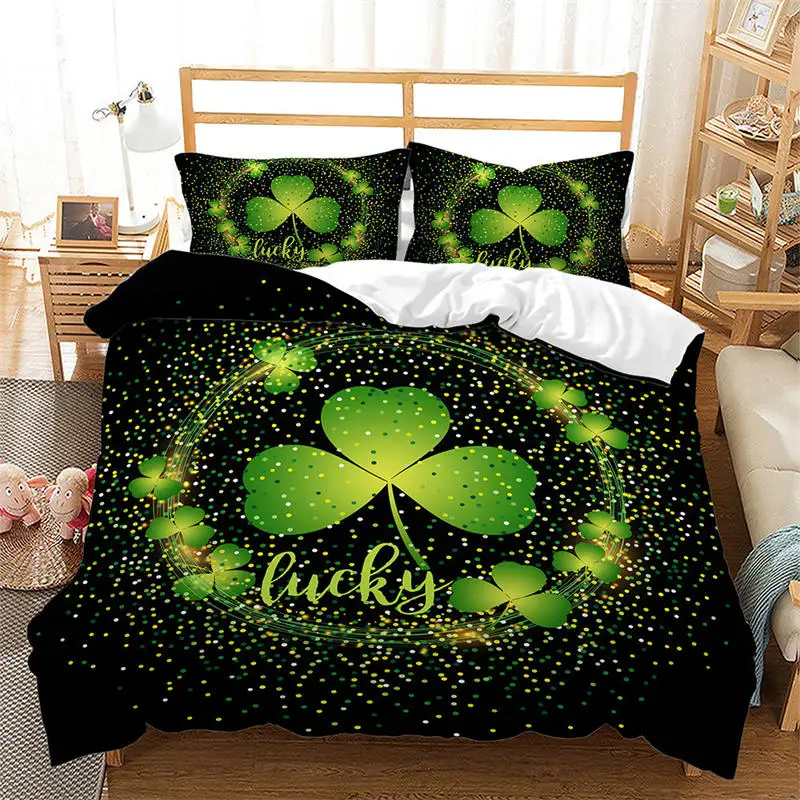 4 Leaf Shamrock Clover Duvet Cover Irish Culture 3D Flowers Bedding Set For Kids Adults St. Patrick's Day Celebrate Party Decor