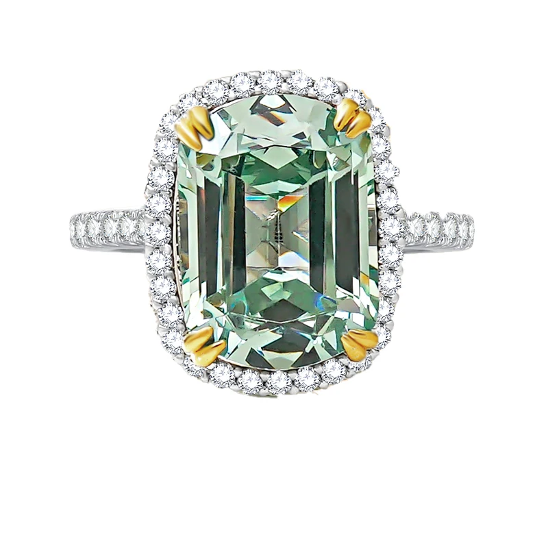 Luxurious light green tourmaline 925 sterling silver ring set with high carbon diamond temperament niche and versatile for women