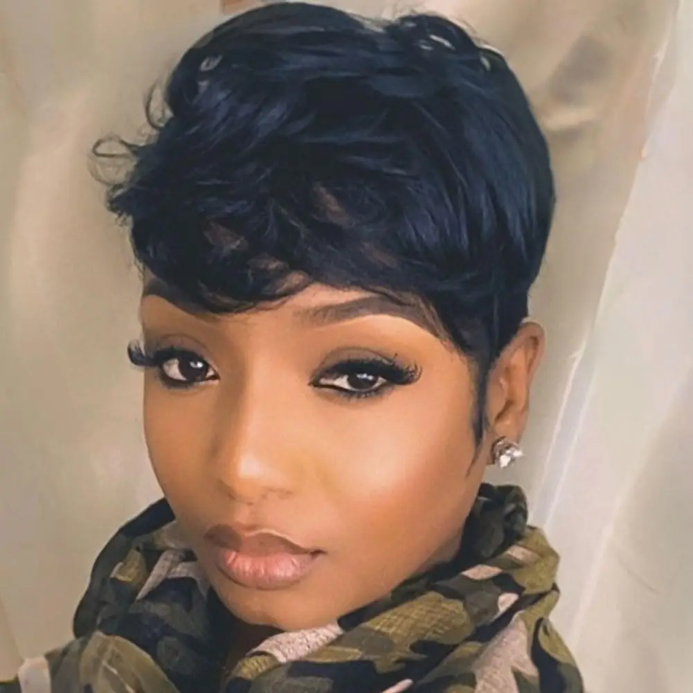 ショート人毛ショートピクシーカットボブウィッグブラック 150% 密度機械製