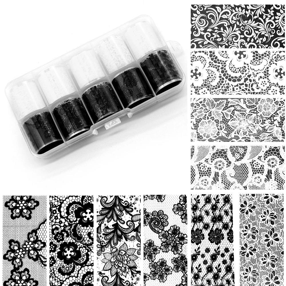 10 Rollen 2,5*50cm Neue Schwarz-Weiße Spitzen-Transferfolie für Nagelkunst, Sexy Full Wraps Blumen-Klebefolie, DIY Maniküre-Styling-Werkzeuge