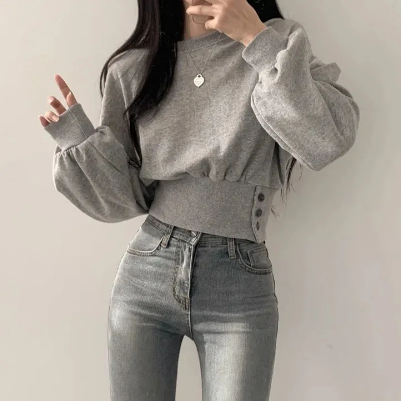 Grey Short Long Sleeved Sweatshirt For Women 2024 New Autumn And Winter Niche Waist Cinching Pullover Chic Top