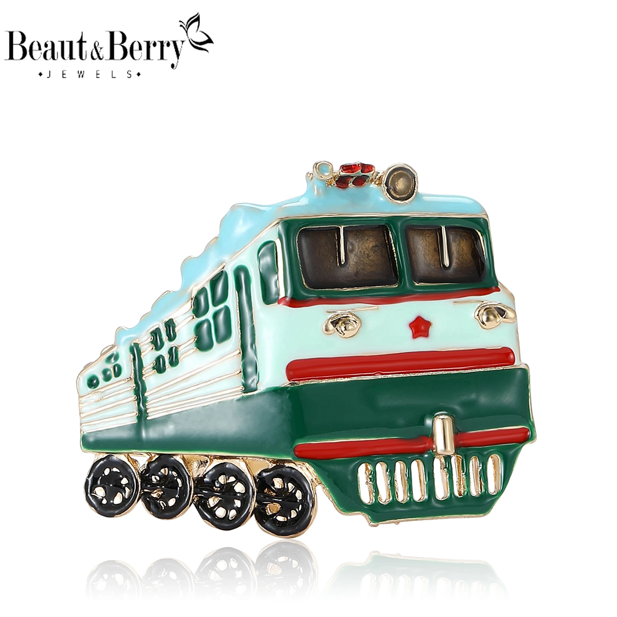 Beaut&Berry Exquisite Enamel Green Train Brooches for Women Traffic Pins Friends Party Gifts Banquet Jewellery Accessories