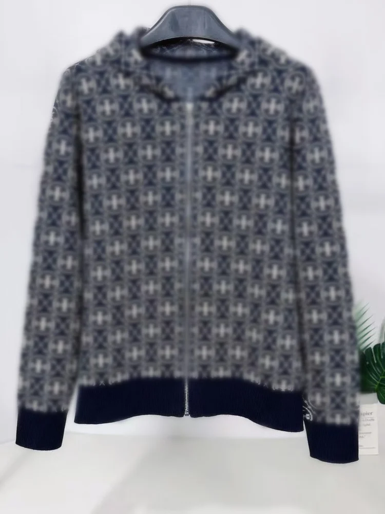 

Американский вязаный кардиган на молнии из смесовой шерсти с капюшоном, повседневный, удобный, женский, длинный, с буквенным принтом