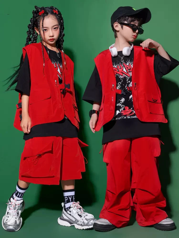 

Modern Hip Hop Dance Costume Kids Red Vest Pants Girls Jazz Performance Outfits Boys Street Dance Clothing Stage Wear BL10740