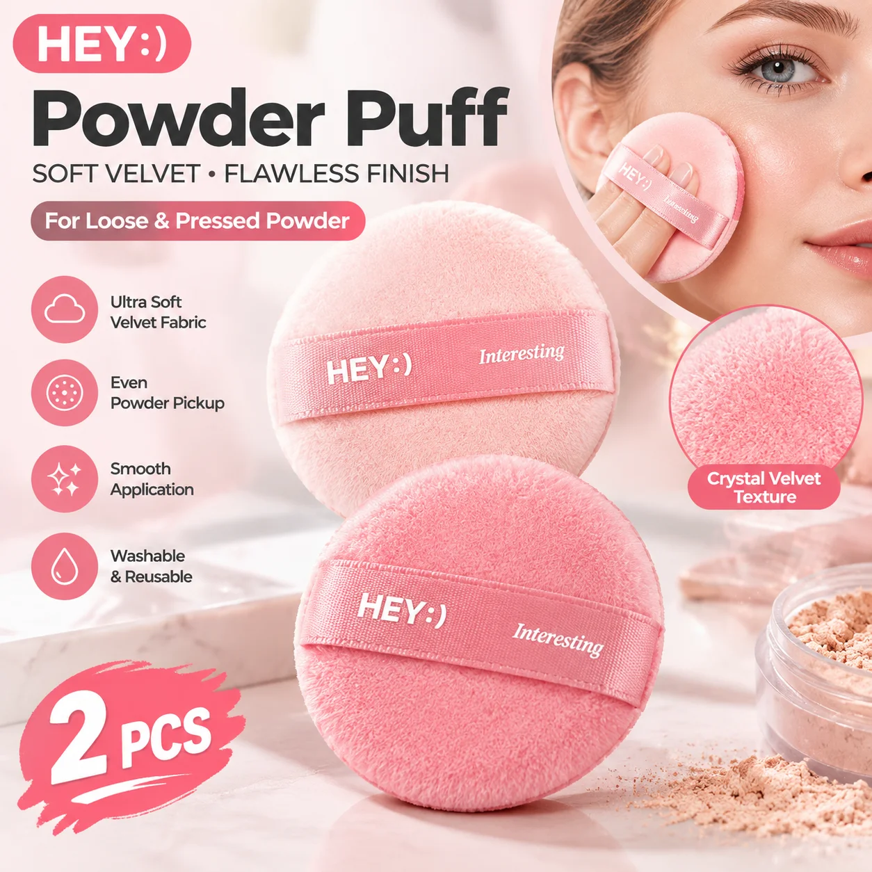 Crystal Velvet Powder Puff 2 Pack Soft Skin-friendly Teardrop Round Setting Makeup Puff for Loose Powder Flawless Beauty