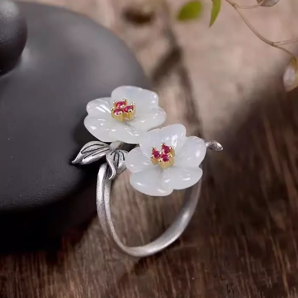 

Temperament Jade Plum Blossom Ring For Lady Party Accessories Trendy Double Flower Ring Women Jewelry Adjustable