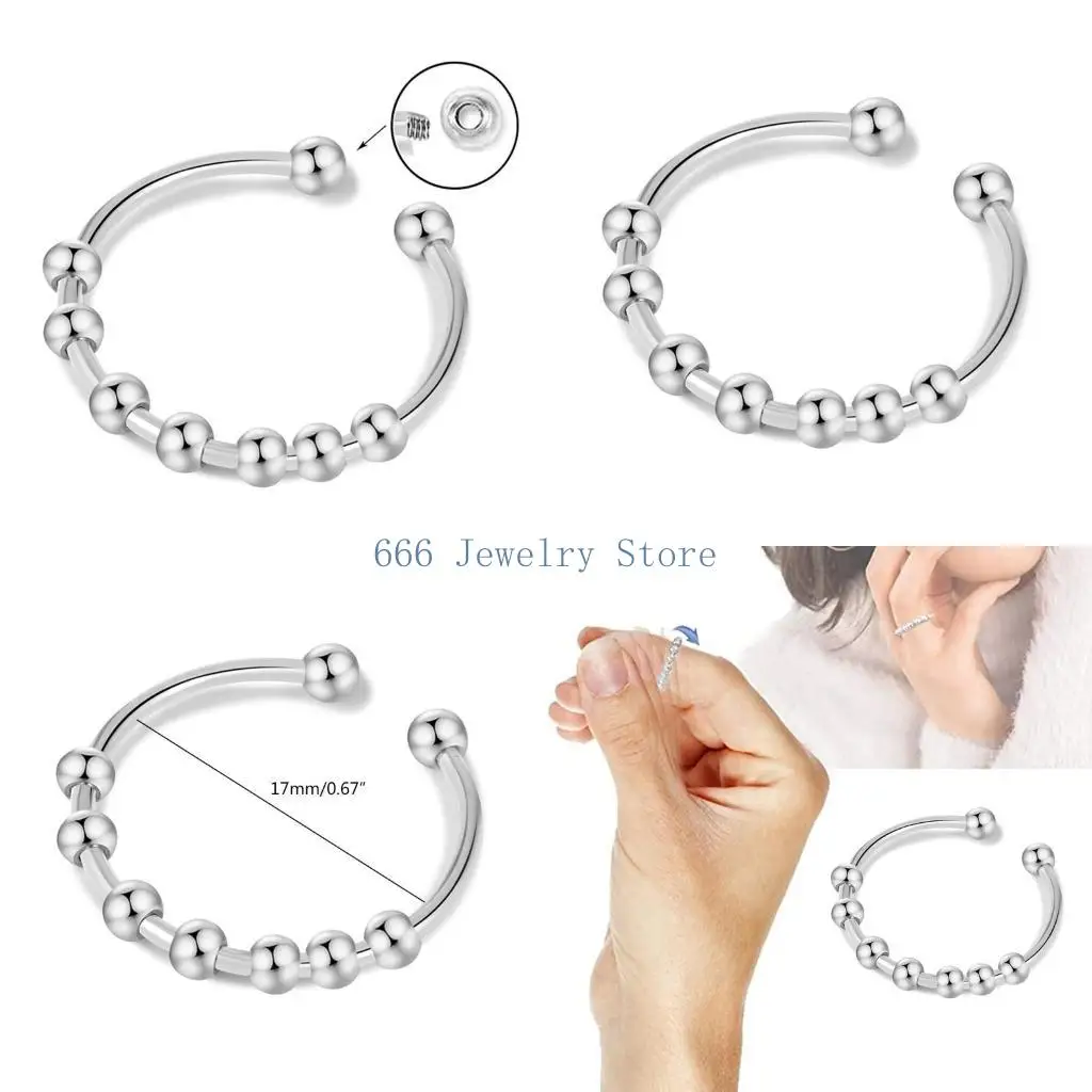 F2TD Anxiety Ring with Beads Movable Runner Fidget Ring to Relieve Anxiety Jewelry Unisex Adjustable Rotating Worry Ring