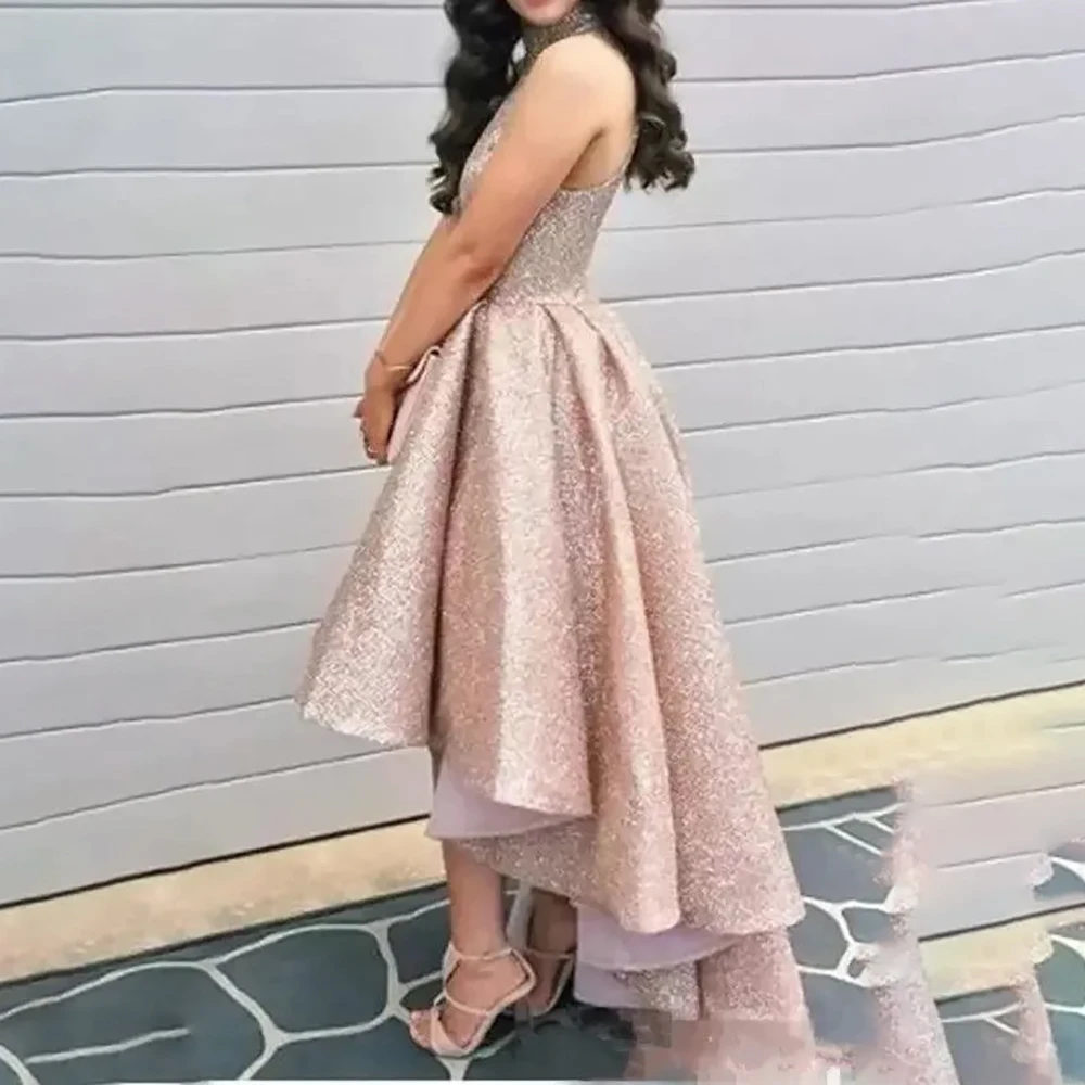 Sparkle Prom Party Dresses For Women A Line High Low Halter Sequin Knee Length Formal Evening Dresses