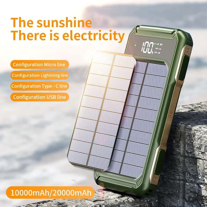 10000/20000mAh Three defenses Portable large capacity solar power bank with 3 charging cable SOS laser light high powerbank USB