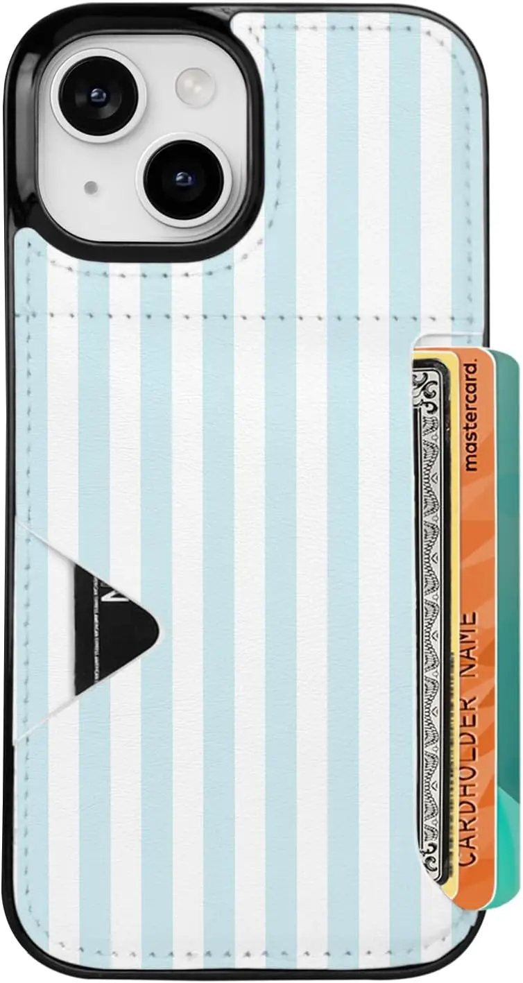 

Slim Leather Wallet Case for iPhone 13/14/15 with Hidden Card Slot, Blue Stripes Design