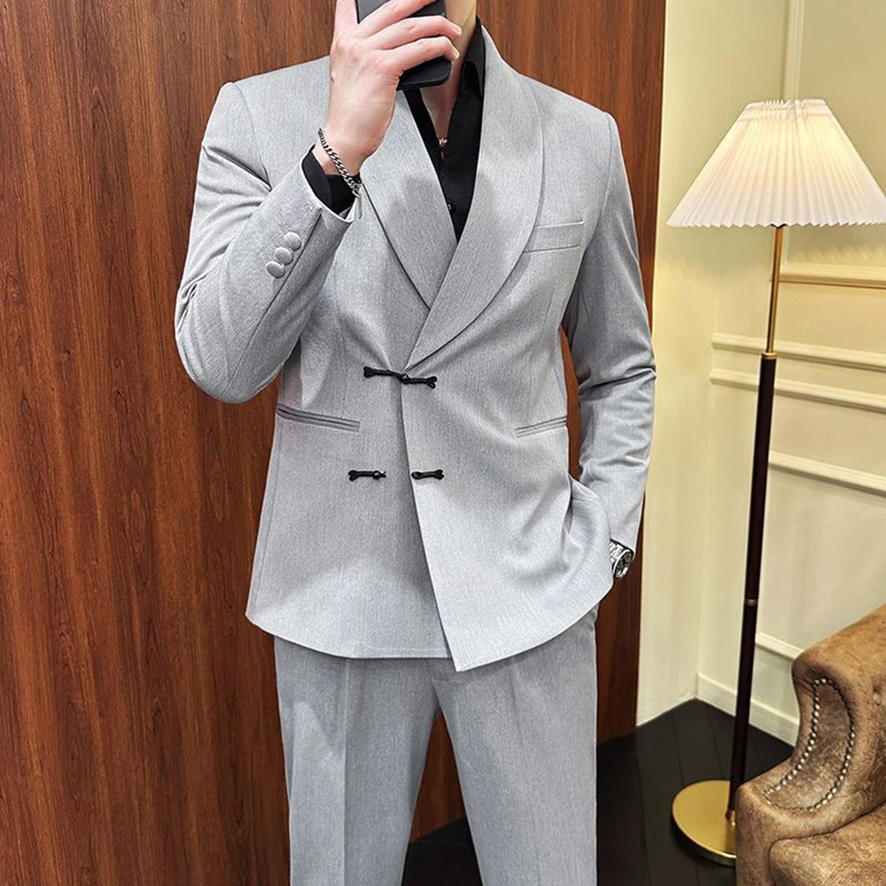 

Chinese Style Light Gray Frog Closure Men's Blazer &Pants 2 Piece Set Shawl Lapel Loose Fit Office Party Casual Male Clothings
