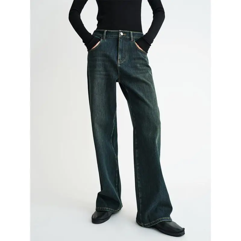 

Женские джинсы с широкими штанинами из плотного флиса с эффектом потертости, в стиле минимализм и ретро, модель 2026