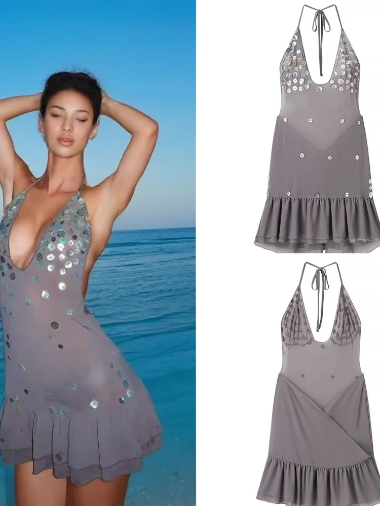 

Chic Sequin Halter Dress For Women Y2k Deep V Slim Fit Backless Sleeveless Layered Ruffle Gown 2025 Summer Lady Beach Vestidos
