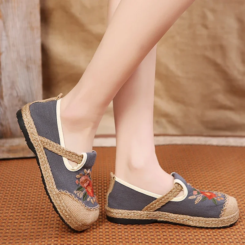 Flats Women  Embroider Retro Cotton Linen Round Toe 2024 New Handmade Casual Concise Comfortable Ladies Shoes