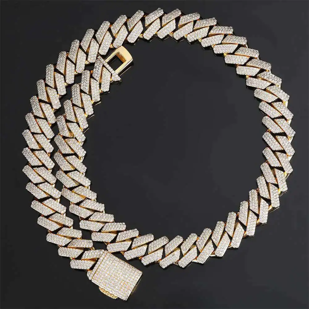 

Gold Plated Iced Out Miami Cuban Link Chain 925 Sterling Silver 10mm Hip Hop Necklace Men and Women Moissanite Jewelry Necklace