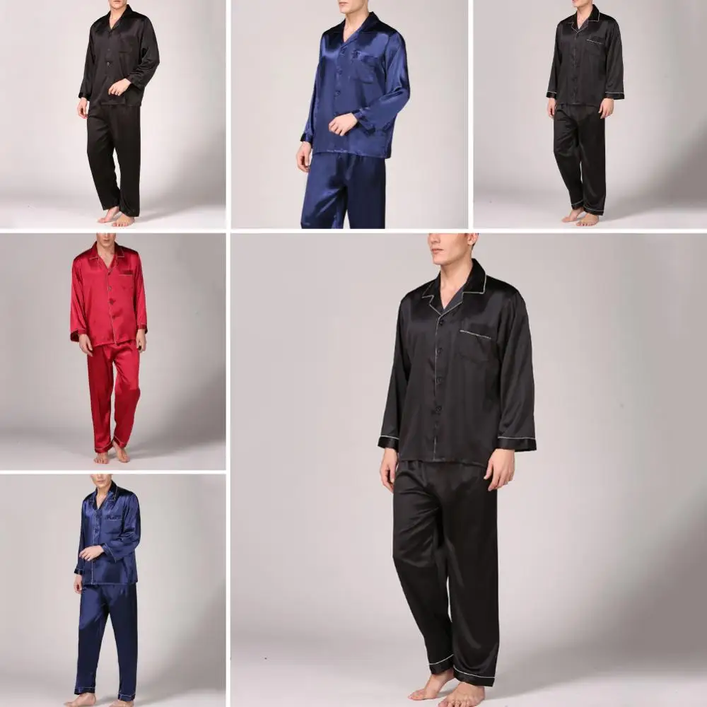 Imitation Silk Sleepwear Men Summer Pajama Set Shirt Pants Home Gown Nightwear