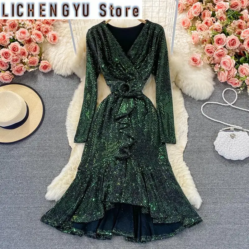 

Elegant Fashion Women's Sequins Ruffles Long Sleeve High Waist Fishtail Hip Warp Dress Autumn New Dresses