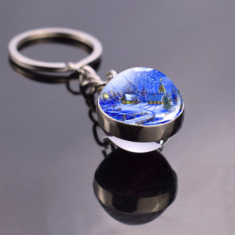 Snow House Keychain Double Sides Christmas Tree Glass Ball Key Chain Car Keyring Christmas Gift