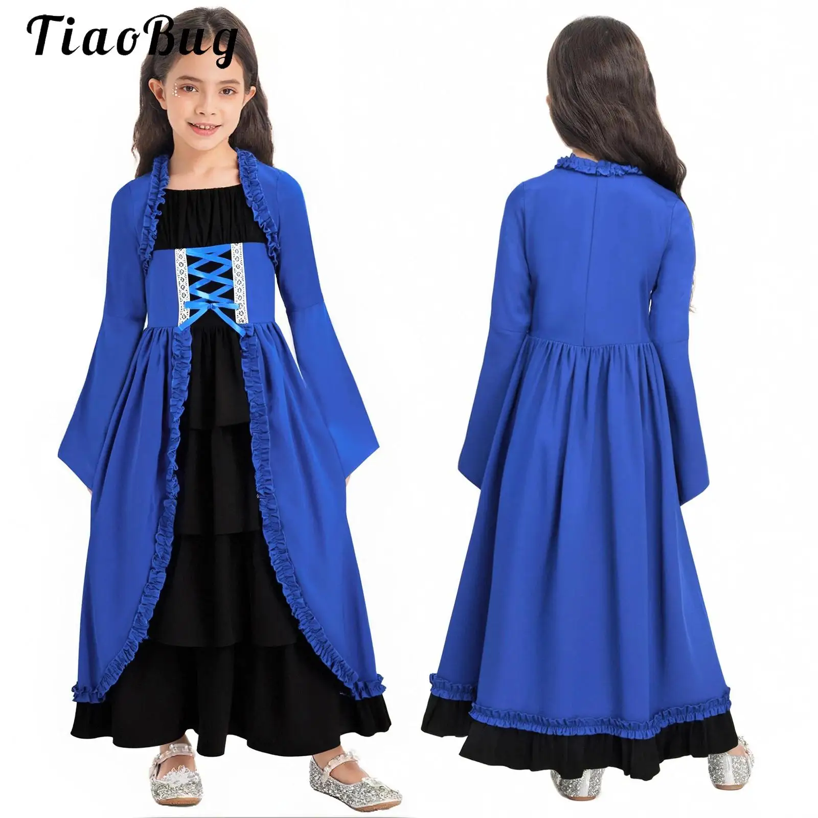 

Medieval Princess Girls Costume Halloween Historical Renaissance Maxi Dress Party Gown Long Bell Sleeve Ruffled Victorian Dress