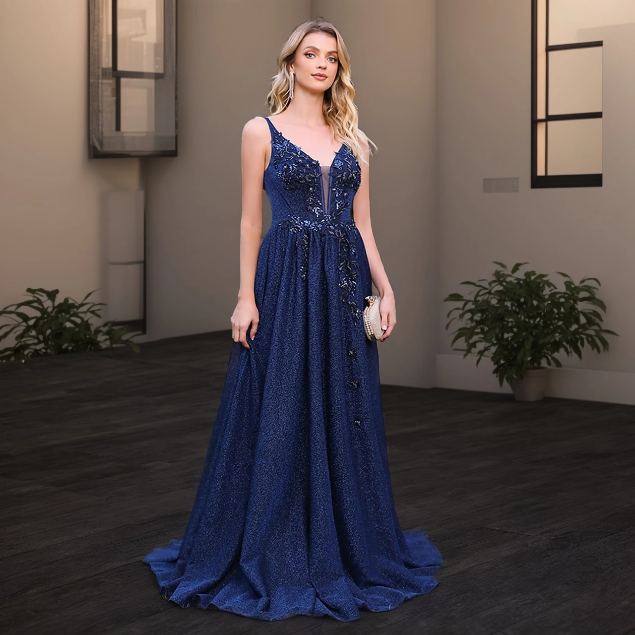 

Navy Blue Suspender Long Dress Lace Appliques Spaghetti Straps V-Neck Backless Evening Dresses Summer Shiny A-Line Train Gowns
