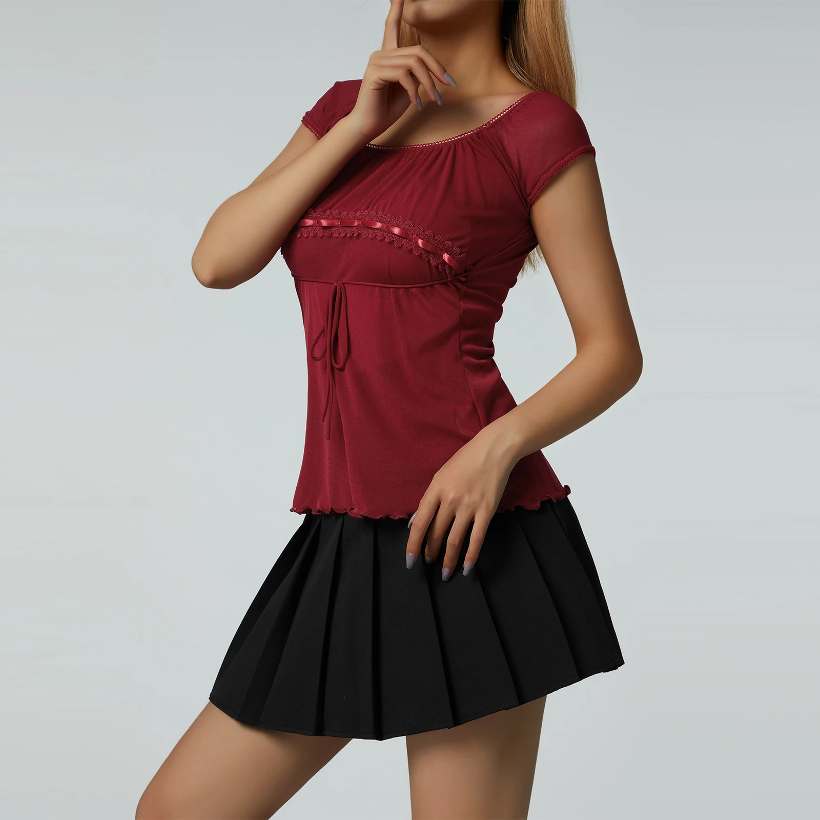 Women´s Lace Flower Crochet Tops, Cap Sleeve Low Cut Drawstring T-shirt Female Off Shoulder Clothing