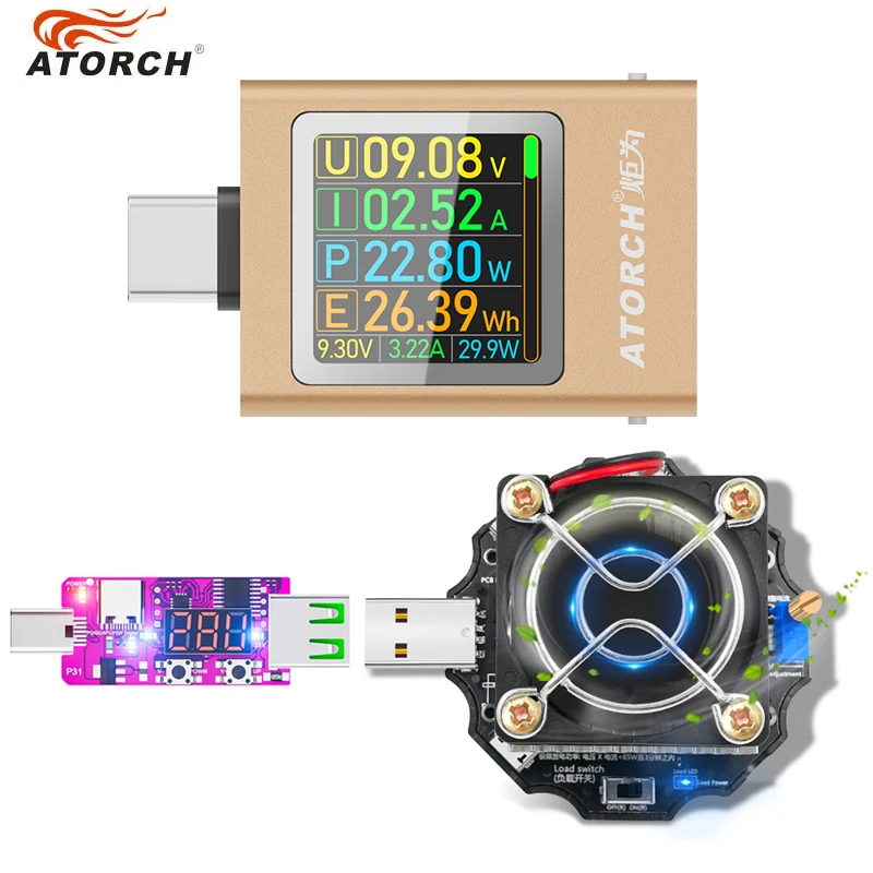 65W Electronic Load USB Tester DC5-24V Type-C Voltmeter Tester With PD3.1 Voltage Trigger Charger Power Bank Capacity Detector