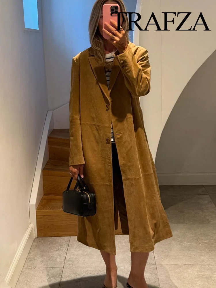 

TRAFZA Autumn Women Single-Breasted Lapel Decoration Casual Slim Long Coat Woman Elegant Long Sleeves High Street Outwear