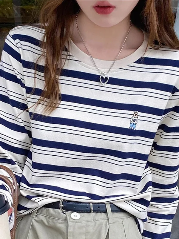 Women's Long Sleeve Stripe T-Shirt Inner Wear Base Shirt Loose Fit Korean Style Autumn Winter Design Casual Comfortable Top