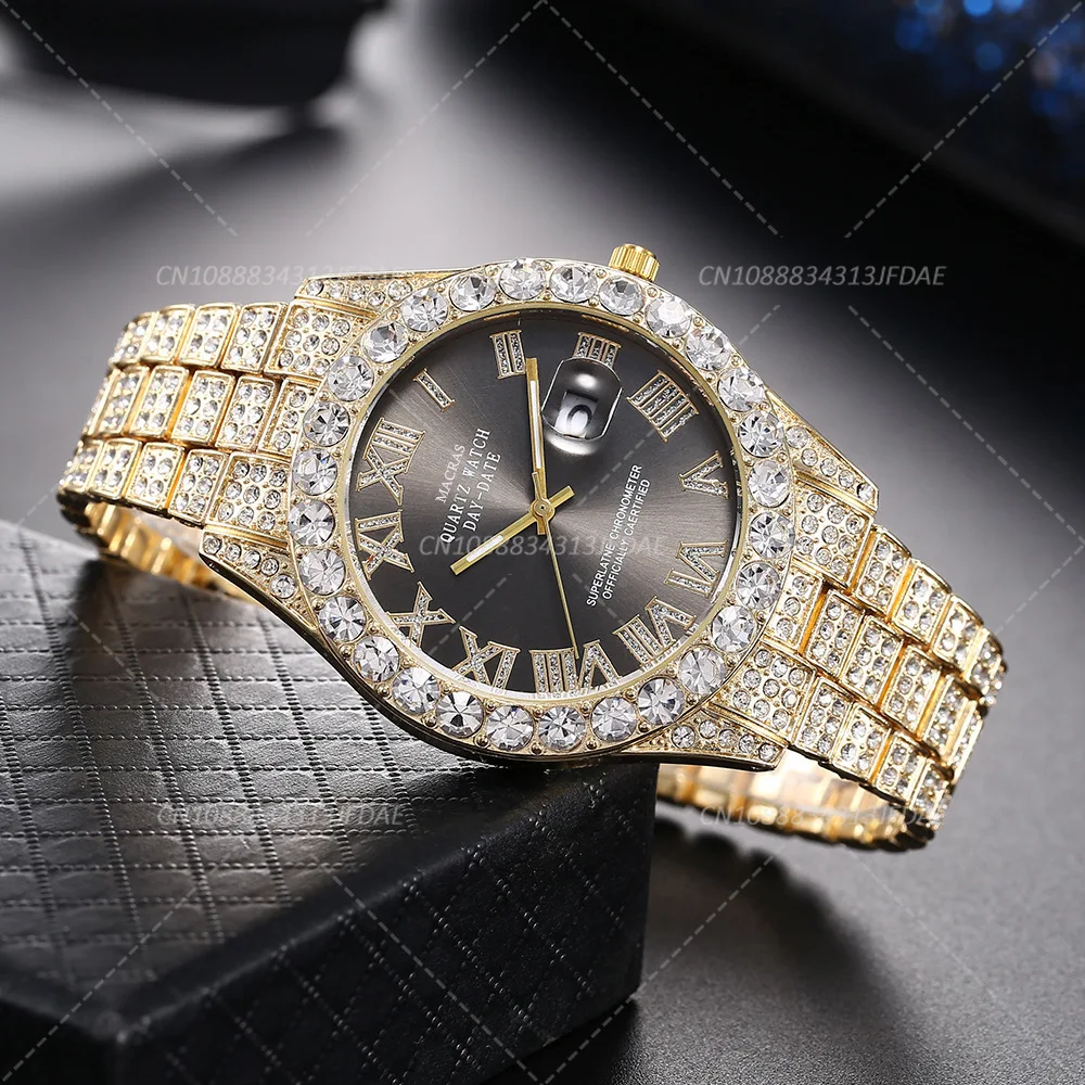 Luxury Men Watch Classic Golden Steel Strap Roman Rhinestone Calendar Quartz Watch Fashion Male Wristwatch Relogio Masculino