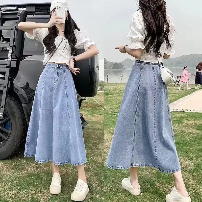 High Waist A-Line Midi Skirt Women's Denim Skirt Summer Slimming Long Skirt Over Knee Fish Tail Casual Cotton Blend Skirt
