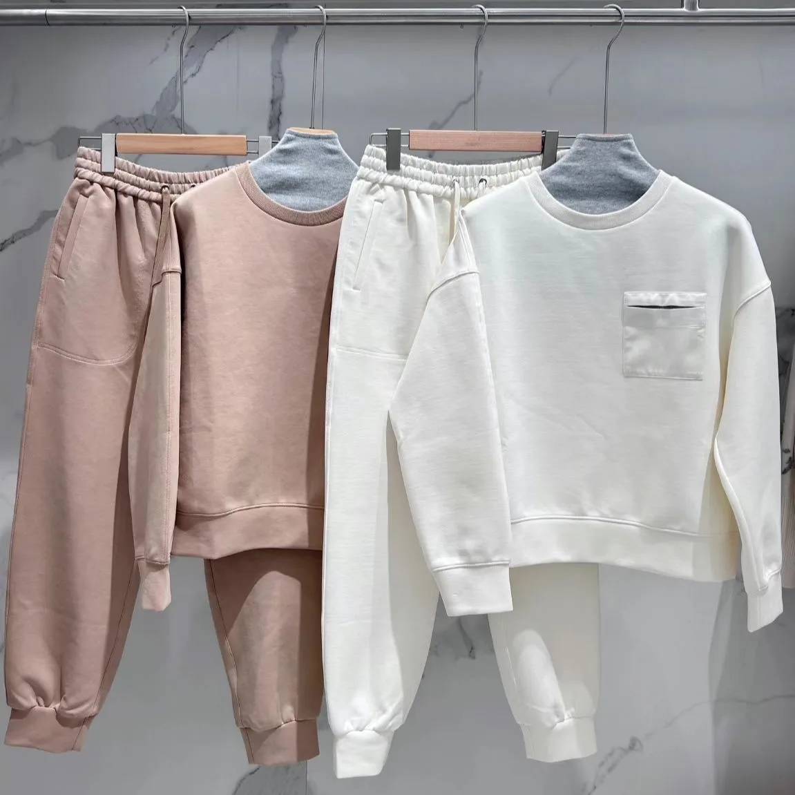 Women Solid Color Set Elastic Waist Straight Long Pants and Round Neck Long Sleeve Sweatshirt