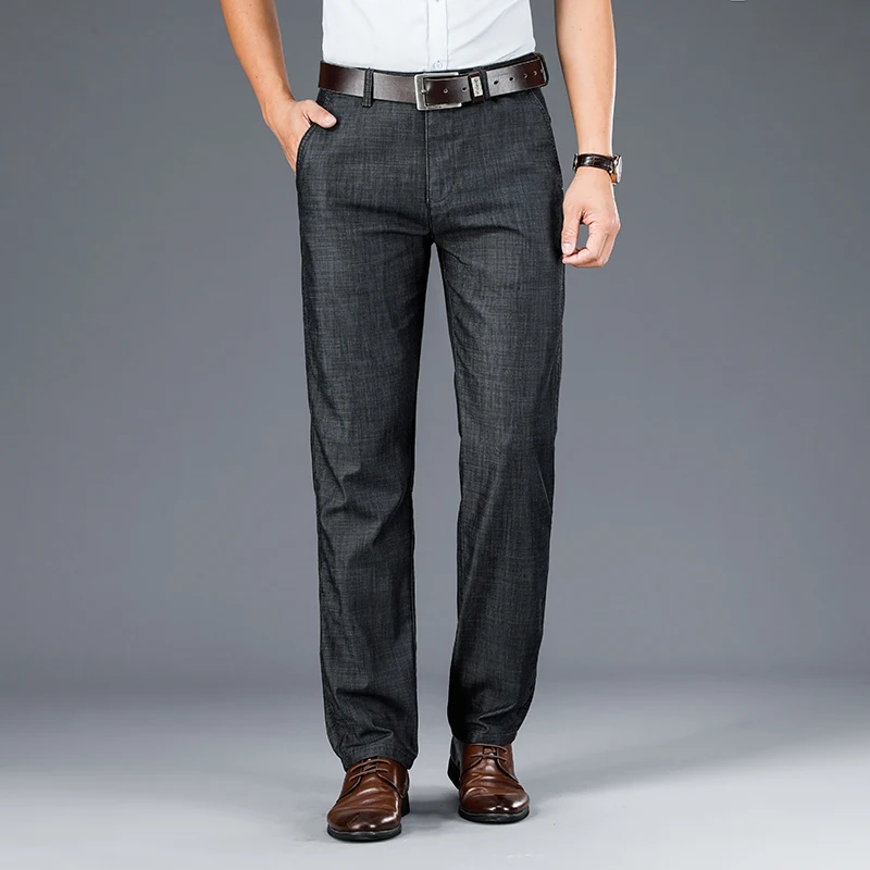Thin Lyocell Summer Jeans Soft Breathable Straight Business Office Casual Trousers Elastic Cool Drapey Classic Denim Pants