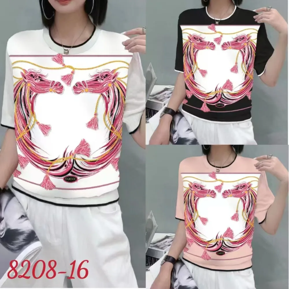 

High Quality Elegant Short Sleeve Knitted Sweater Pullover Patchwork Print Outerwear For Women Crew Neck Fashion Show T-shirts