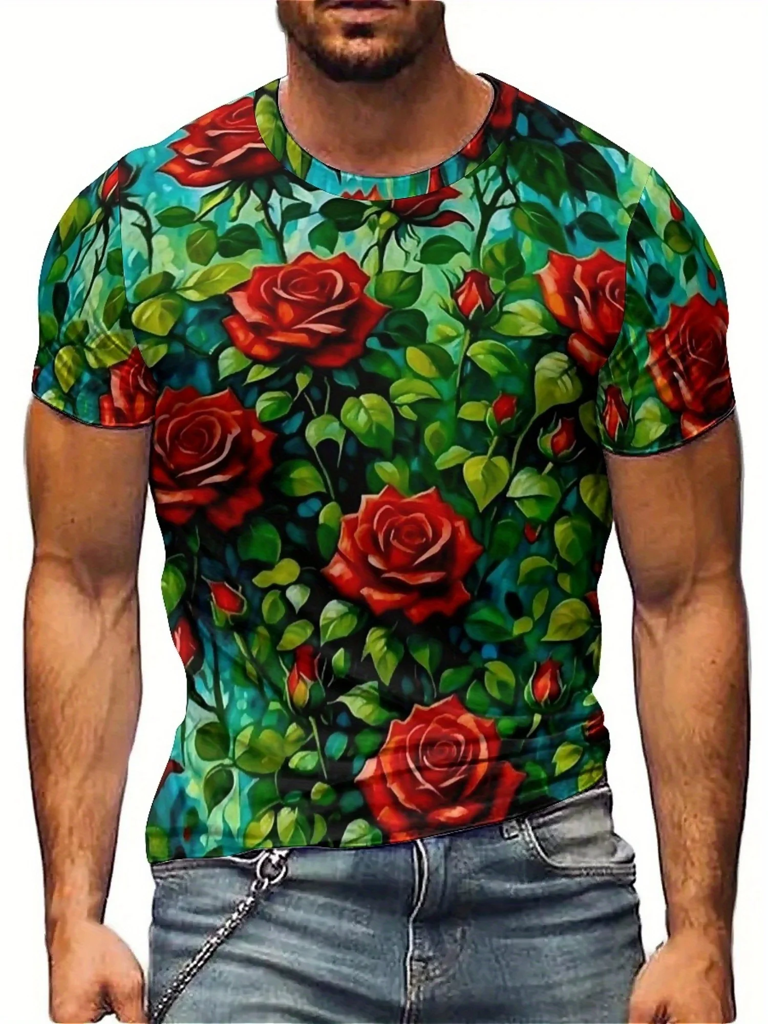 

[Party Essential] Men'S 3D Floral Print T-Shirt - Soft Polyester, Vibrant Red Roses & Green Foliage Design, Short Sleeve