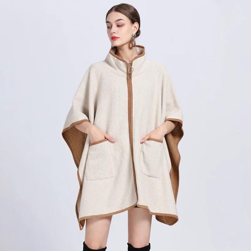 

Autumn Winter New Stand Collar Pocket Zipper Cape Knitted Cardigan Woolen Coat Female Ponchos Capes Khaki Cloaks