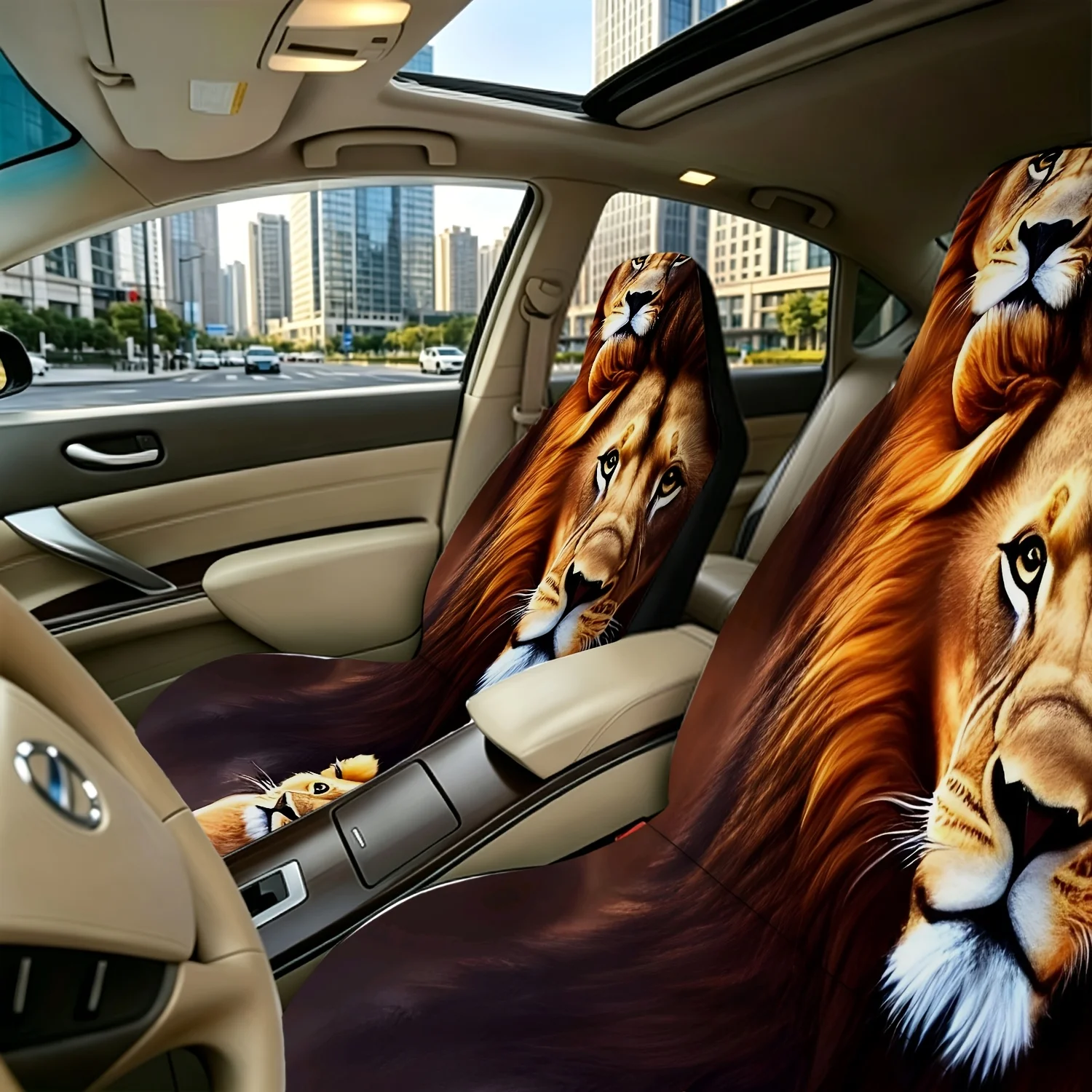 2pcs Lion Double Vision Golden Mane Majestic Expression Car Seat Covers, Universal Size For SUV, Truck, Sedan, Digital Print Com