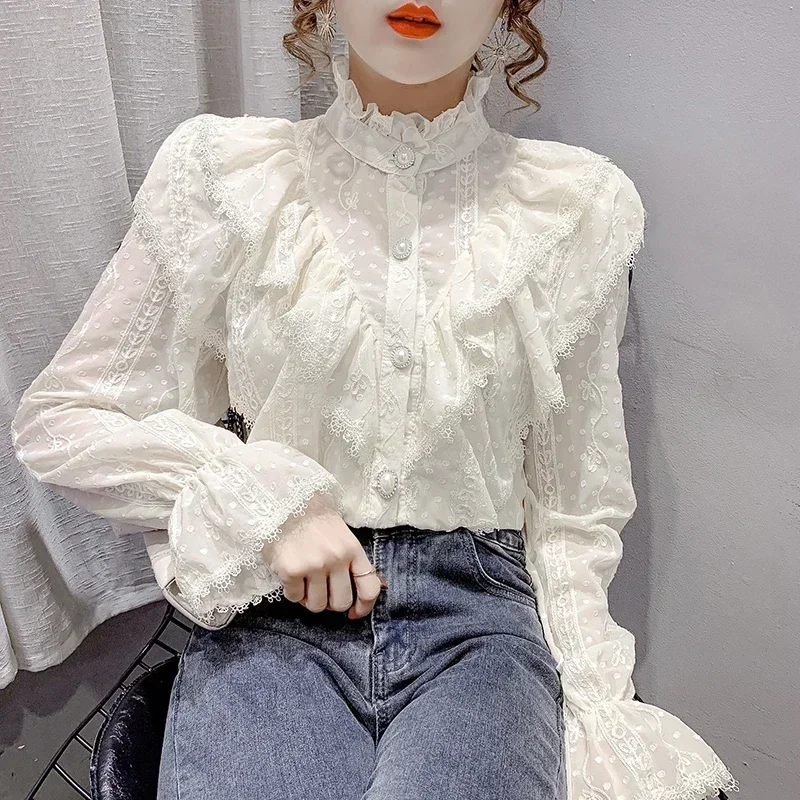 Spring Fashion  Long Sleeve Loose Button White Shirt Elegant Stand Collar Pleated Tops Casual Ruffle Lace Blouse Blusas 15832