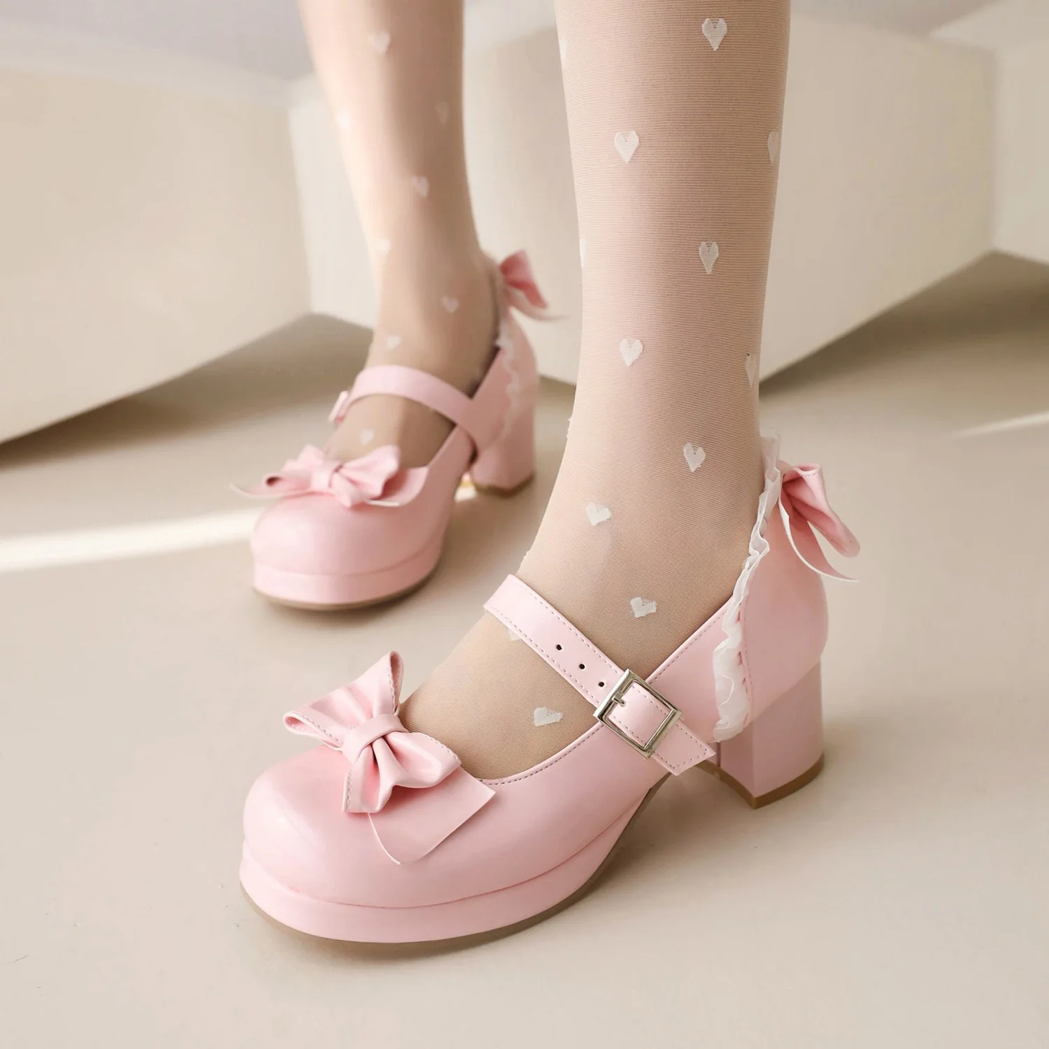 Girls High Heels Women Pumps Patent Leather Mary Jane Shoes Candy color Wedding Party Shoes Bowknot Princess Lolita Shoes 30-43