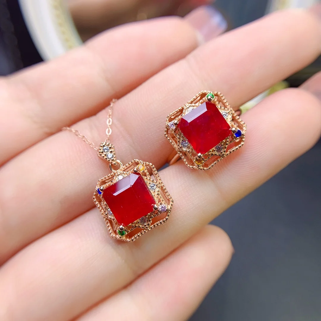 

Ladies Sterling Silver 925 Jewelry Wholesale Natural Ruby Jewelry Set Free Shipping Christmas set elegant Ladies set boutique