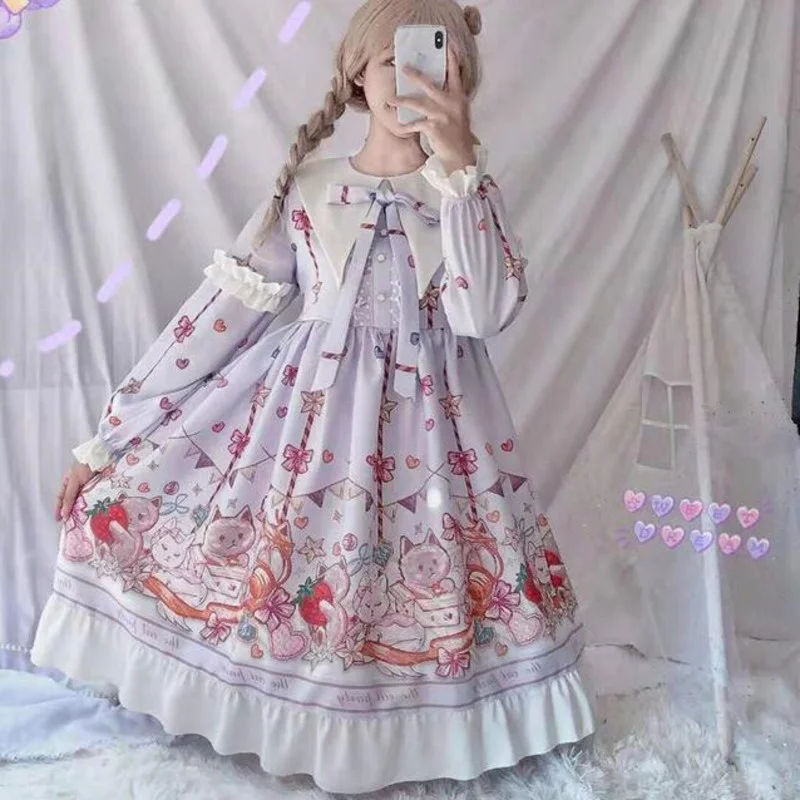 2023 Alice Princess Cute Women Lolita Op Dress Flouncing Lace Trim Japanese Harajuku Long Sleeves Doll Teen Dress Fairy Vestidos