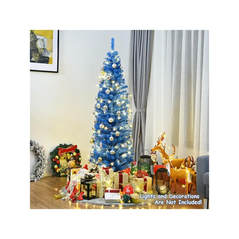 Pohon Natal Artifisial 6FT - 520 Ujung Cabang, Desain Pensil Biru, PVC Ramah Lingkungan, Penyangga Logam Tahan Lama untuk Dekorasi Liburan