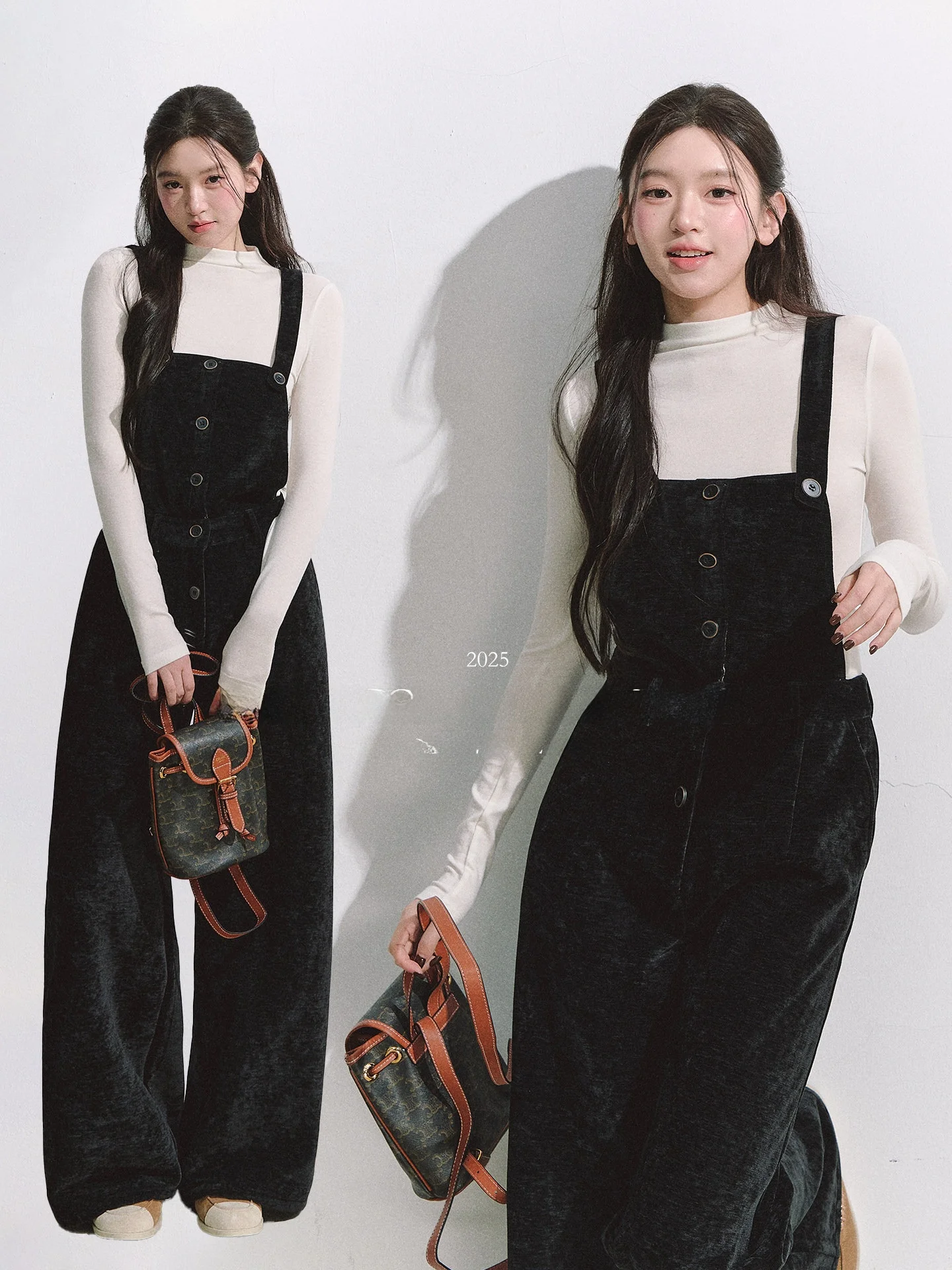 

OIOI ESSE Retro Black Corduroy Plaid Lined Casual Loose Straight Leg Overalls High Waist Long Pants Women's Fashion Commute