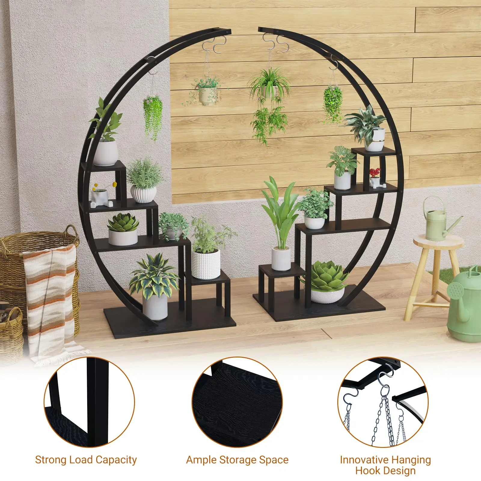 Heavy Duty 5-Tier Half Moon Metal Plant Stand With Hanging Hooks Rustproof Tall Plant Rack For Multiple Plants Space-Saving Corner Flower Pot Shelf Display Stand For Indoor Outdoor Living Room Patio G image 5