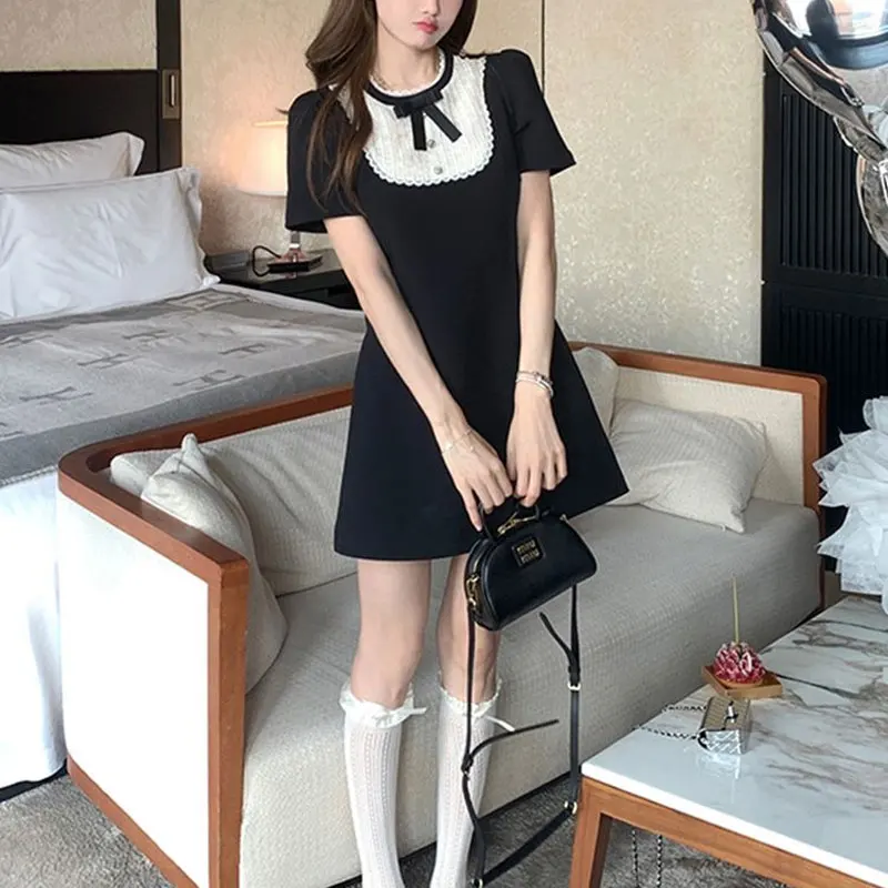 Elegant French Style Lace Bow Dresses Summer New A-Line Waist Female Clothing Short Sleeve Stylish Spliced Round Neck Mini Dress