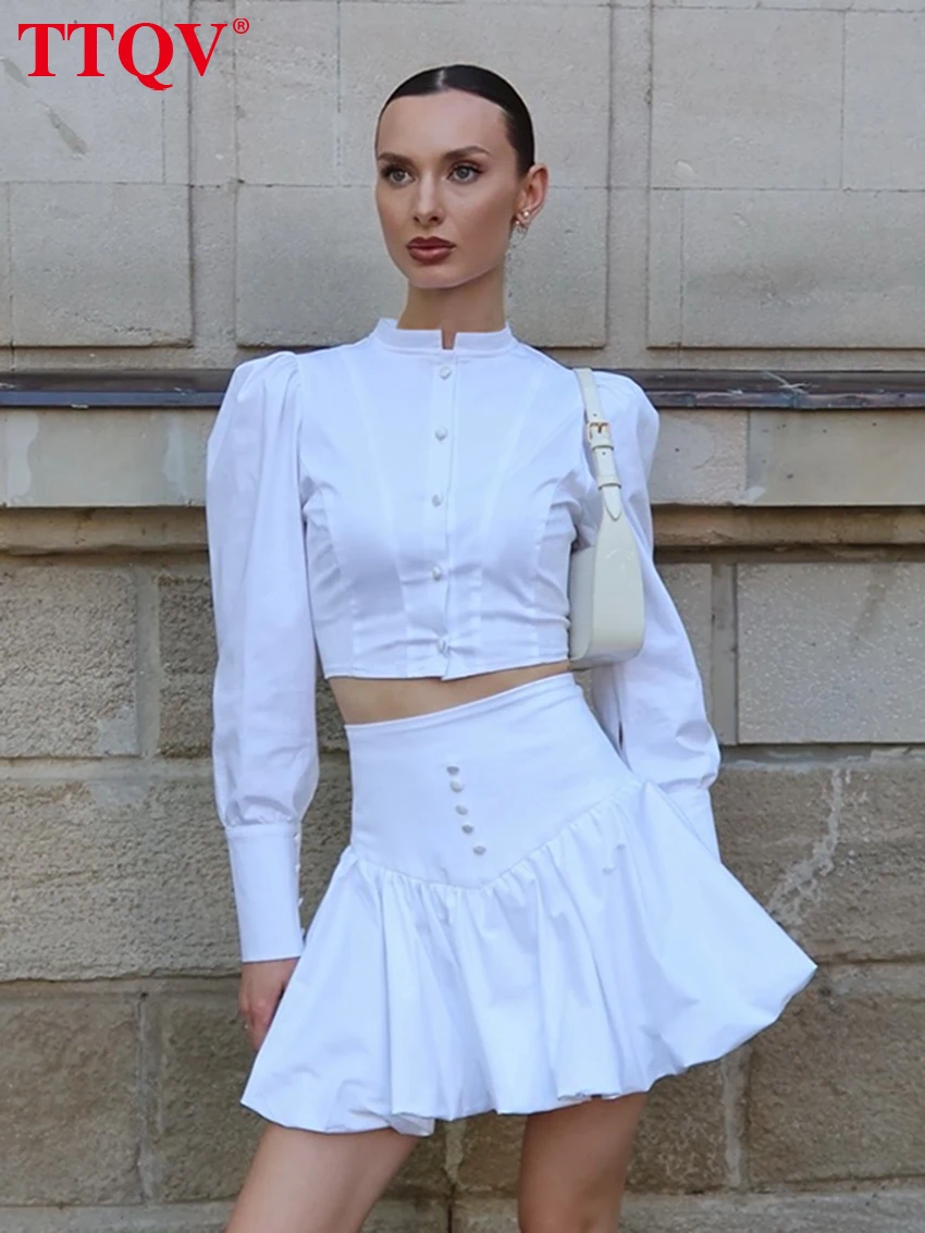 

TTQV Fashion Slim White Cotton Women's Two Pieces Set 2026 Elegant Long Sleeve Crop Shirt With High Waist Mini Skirt Set Female