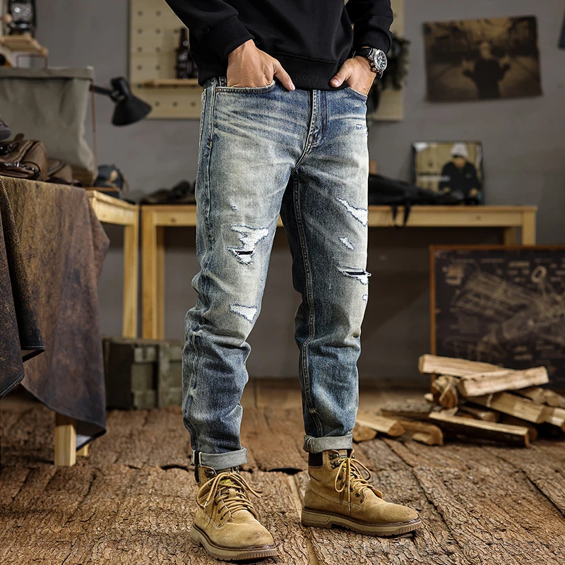 2025 SS Premium Selvedge Ripped Hole Denim Jeans for Men American Vintage High-Street Slim Straight Stretch Tapered Pants