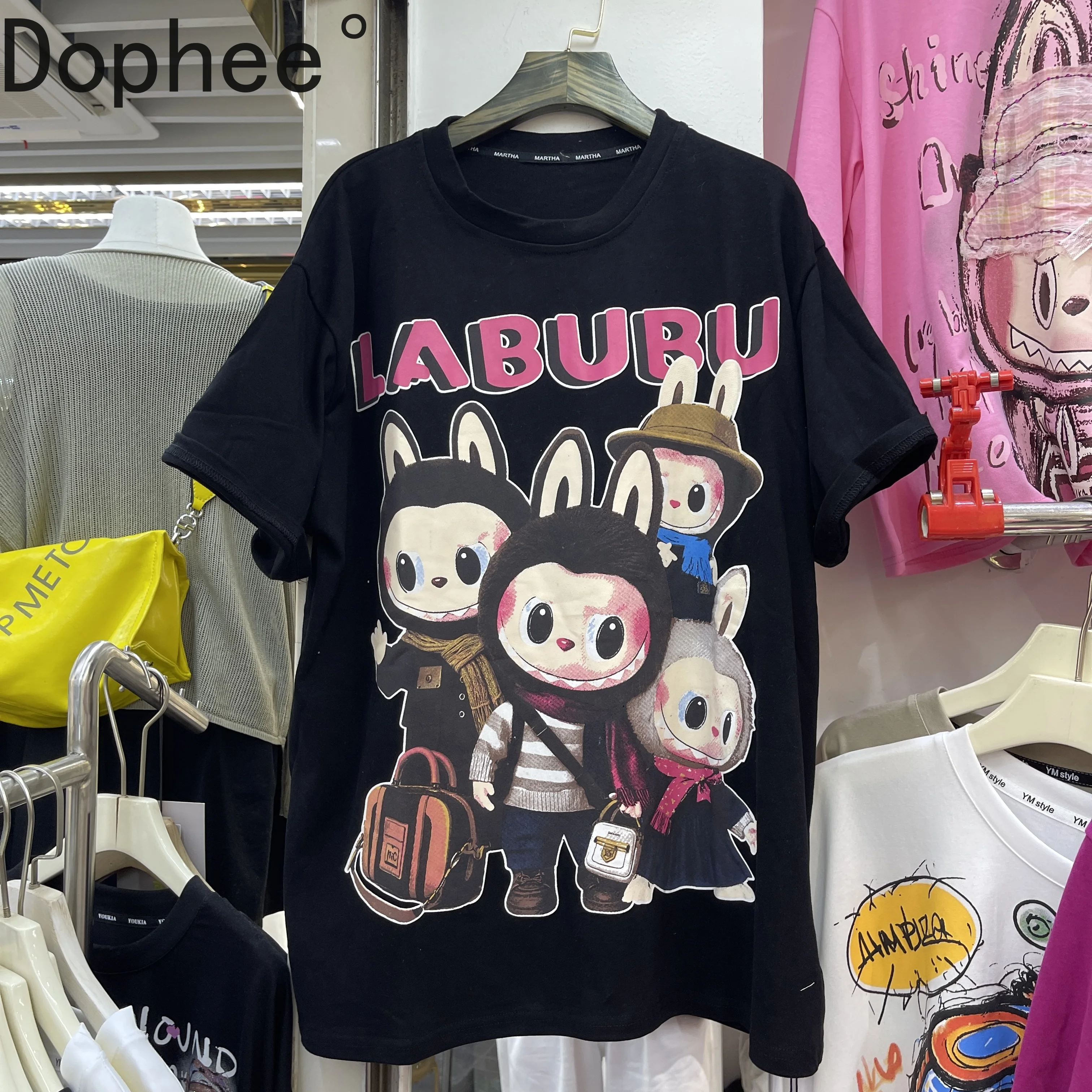 

Trendy New Autumn Women Loose Short Sleeve Tees Cute Cartoon Printed Oversize Pullover Top All-match O-neck Black Cotton Tees